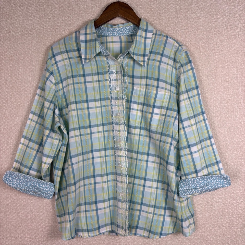 Blue Green Plaid Lace Trim Button Down Shirt Floral Cuff Accent Top RN 19232